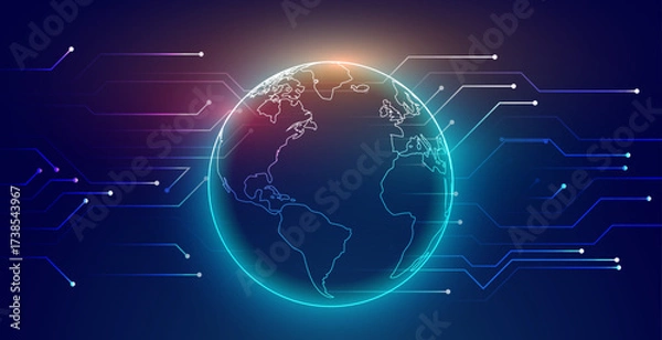 Fototapeta Digital earth with glowing lines and data streams on dark background