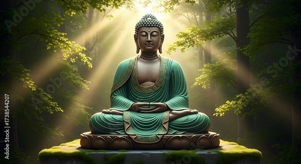 Fototapeta Meditative Buddha Statue Bathed in Sunlight A Peaceful Serenity in a Forest Clearing