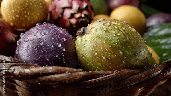Fototapeta A close-up of various fruits, including purple dragon fruit and green pears in an old woven basket, covered with water droplets, against the background of other types of fresh fruits, stock photo.