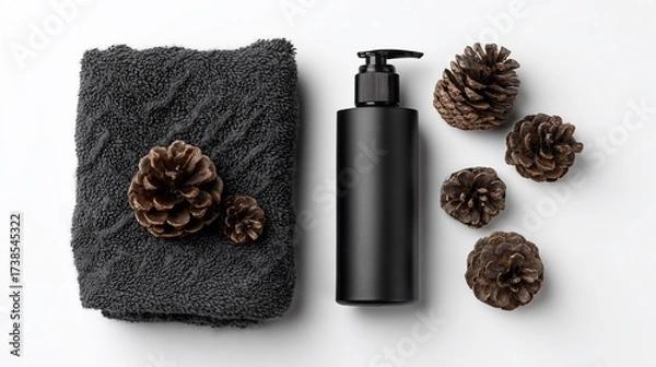 Fototapeta Spa setup with dark towel, black pump bottle, and decorative pinecones