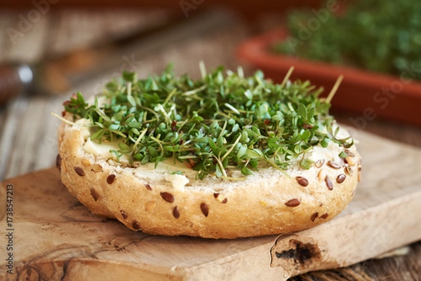 Fototapeta A slice of sourdough bun with fresh homegrown garden cress sprouts or microgreens