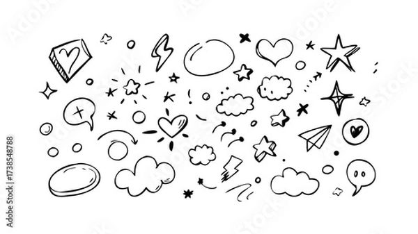 Fototapeta Doodle sketch art with heart star cloud lightning bolt circle and arrow hand drawn elements vector design