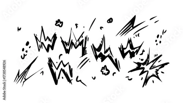 Fototapeta Abstract black and white sketch drawing design element with lightning bolt and explosion effect vector art