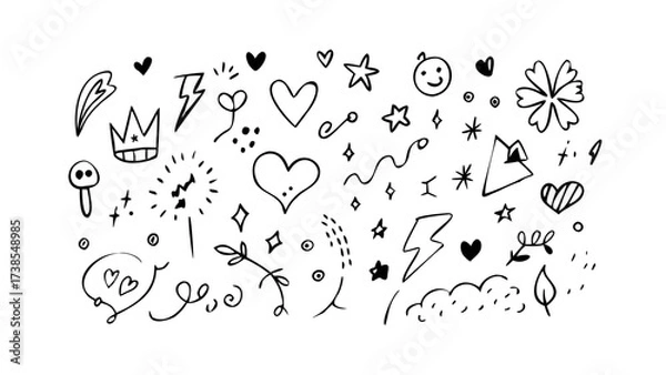 Fototapeta Hand drawn doodle set with hearts stars crown lightning and other cute elements for design and decoration