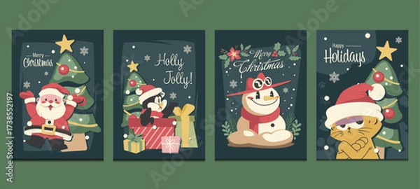 Fototapeta Set of Christmas and holiday greeting cards with cute character including Santa, penguin, snowman, and cat. Vector illustration