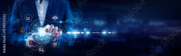 Fototapeta Procurement Management, Businessman using mobile smartphone and supplier systems connecting data contract negotiation, purchase orders, vendor performance, sourcing analytics, inventory planning, SCM