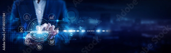 Fototapeta Telecommunications, Businessman using mobile smartphone and wireless networks connecting data 5G connectivity, broadband services, satellite signals, mobile communication, fiber optics