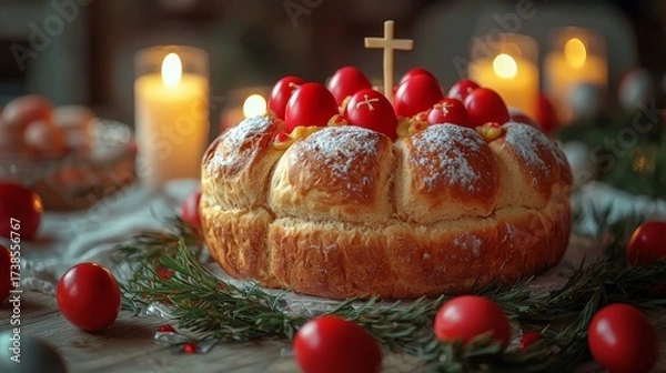 Obraz Traditional Romanian Easter Bread, Cozonac, with Red Eggs, Cross, and Candles on Wooden Table, Festive Holiday Celebration