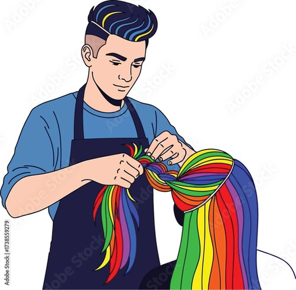 Fototapeta Vector art of hairdresser braiding colorful wig with copy space
