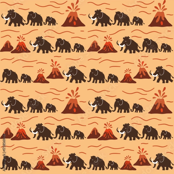 Fototapeta Vector seamless pattern with mammoths, baby mammoths and erupting volcanoes on yellow background. Prehistoric style design for textile and decor.
