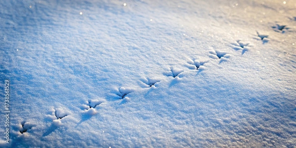 Fototapeta Bird tracks lead across a blanket of fresh snow, glistening in the light of an early morning sun. The scene captures nature's quiet beauty and wildlife activity