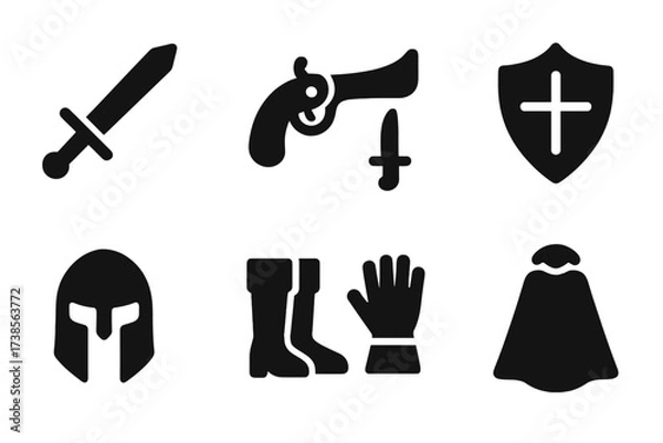 Obraz Duel Equipment Icons. Solid, filled icon set of duel equipment: sword, pistol, dagger, shield, helmet, boots, gloves, cloak. Solid, filled icons in only black