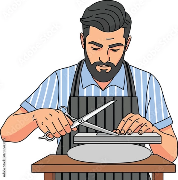 Fototapeta Vector art of barber sharpening scissors on whetstone