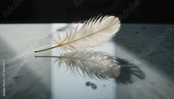 Fototapeta A lightweight feather lies gracefully on a smooth, reflective surface. Soft light illuminates it, creating a gentle play of shadows. The serene scene evokes a sense of calm and simplicity