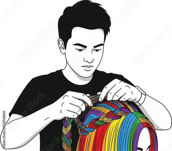 Fototapeta Vector art of young man is weaving a colorful braid