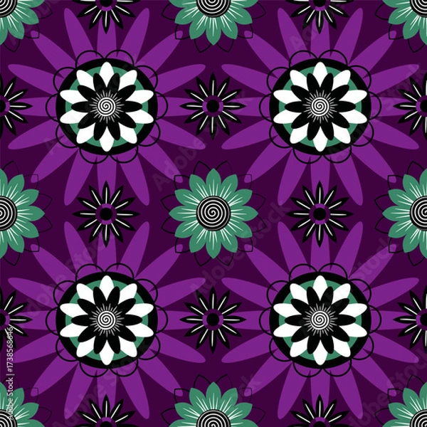 Fototapeta Vector seamless pattern with geometric floral shapes in black, white, green and purple colors. Decorative abstract design for fabric and wallpaper.