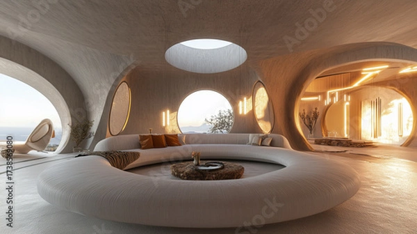 Fototapeta Futuristic circular living room with panoramic ocean view, organic curves, soft textures, warm lighting, and sculptural architecture in a luxurious minimalist design.