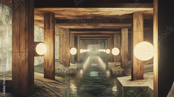 Fototapeta Surreal underground hallway with wooden beams, spherical lamps, and a central waterway in symmetrical perspective and warm lighting.