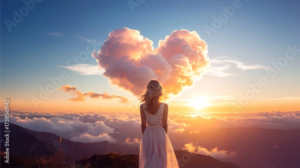 Fototapeta When Dreams Take Shape in the Sky: A Beautiful Girl and the Heart-Shaped Cloud of Love