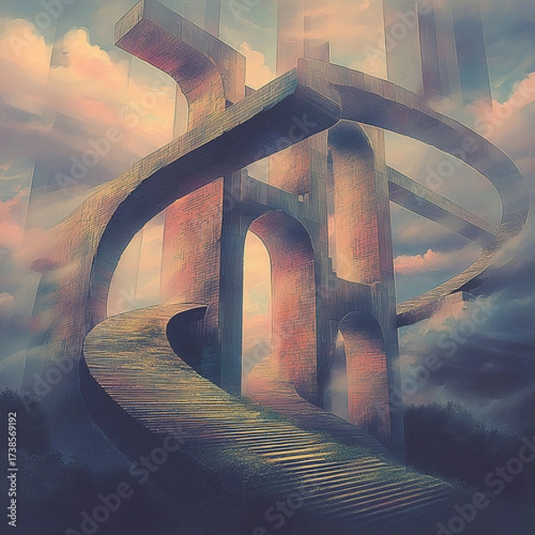 Fototapeta Surreal architectural structure with winding stairways and arches rising into a dreamy cloudy sky.
