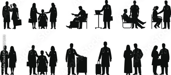 Obraz Medical doctor and nurse silhouettes with patients, showing healthcare, consultation, compassion, and professional medical staff in various settings