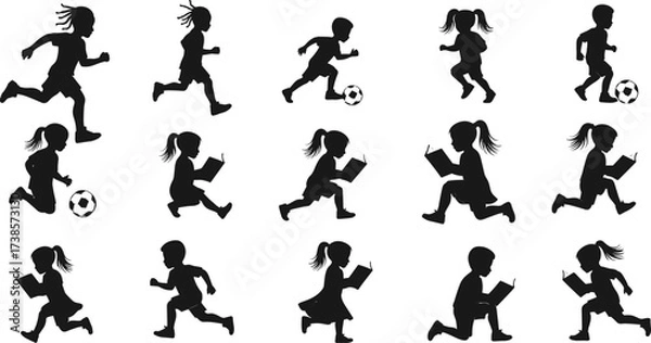 Obraz A set of silhouettes of diverse young boys and girls, engaged in activities like reading books and playing soccer, on a white background