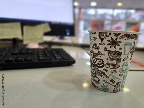 Fototapeta Paper coffee cup on office desk with blurred computer screen and keyboard in the background. Casual work environment with soft natural lighting.