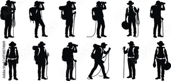 Obraz Silhouettes of hikers and tourists with backpacks, hiking poles, and binoculars, enjoying outdoor adventure, travel, and trekking in nature
