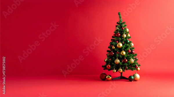 Fototapeta A Touch of Holiday Elegance: A Christmas Tree Adorned in Gold, Red, and Green Standing Proud on a Crimson Stage