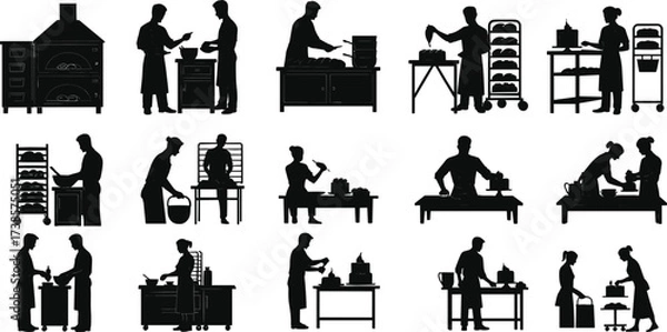 Obraz A comprehensive collection of bakery and confectionery silhouette icons, featuring people baking, decorating, and preparing delicious pastries