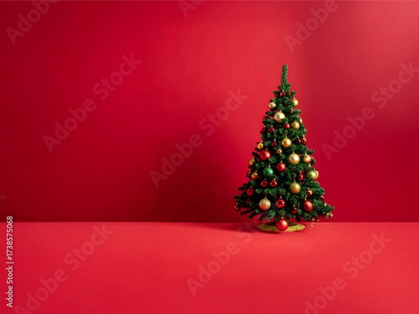 Fototapeta A Touch of Holiday Elegance: A Christmas Tree Adorned in Gold, Red, and Green Standing Proud on a Crimson Stage