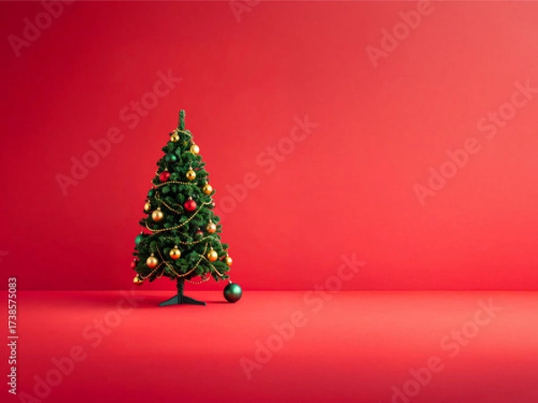 Fototapeta A Touch of Holiday Elegance: A Christmas Tree Adorned in Gold, Red, and Green Standing Proud on a Crimson Stage