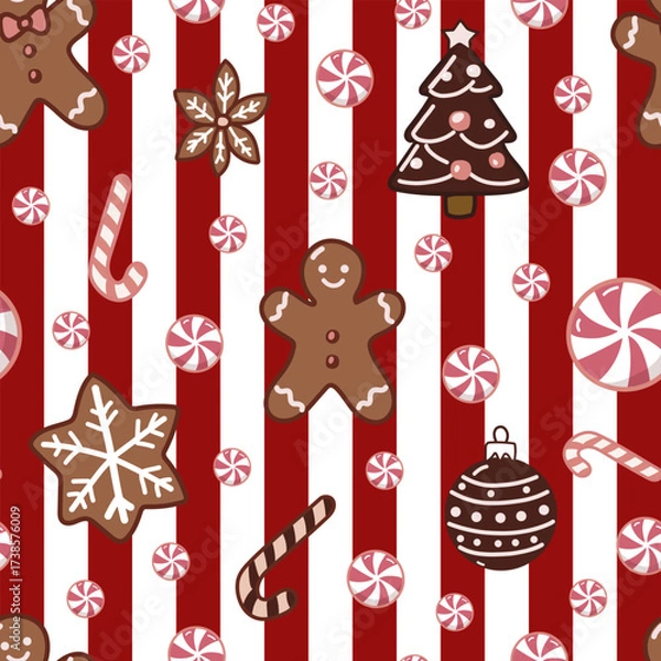 Fototapeta Christmas sweets Cocoa Candy Lollipop Gingerbread man vector seamless pattern. Vintage Xmas sweetmeat background for holiday festive season wrapping paper.