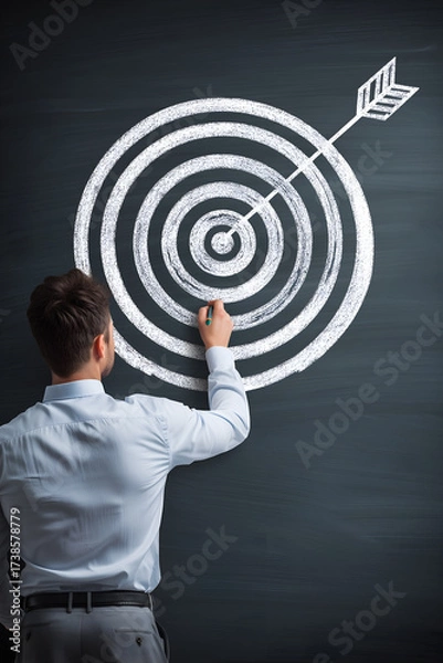 Fototapeta A person drawing a target with a chalk on a blackboard, aiming for a precise bullseye with an arrow representing a focused strategy.
