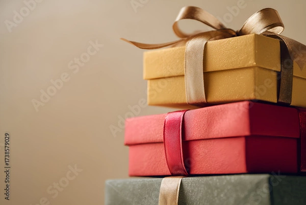 Fototapeta Stacked gifts create a festive vibe! Colorful presents tied with ribbons, perfect for celebrations and special occasions.