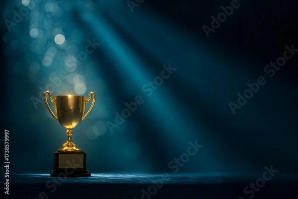 Fototapeta Golden trophy bathed in light, symbolizing achievement and success. Sparkles add to the ambiance of winning and celebration.