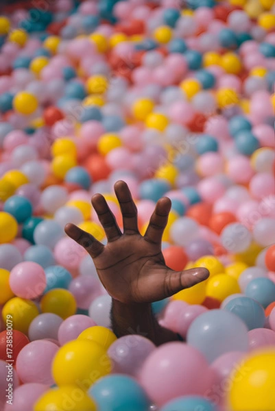 Fototapeta Playful Reach: A hand emerges from a vibrant ball pit, inviting fun and exploration. Capture the joy of childhood.