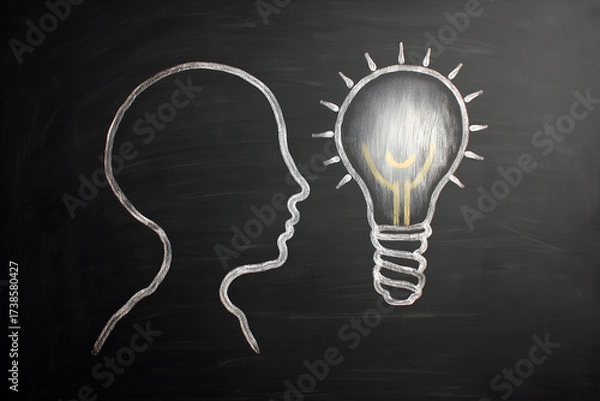 Fototapeta Head profile and lightbulb drawn in white chalk on a blackboard background symbolizing innovation, ideas, and creative thinking.