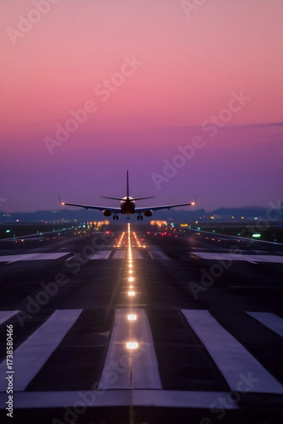 Fototapeta Airplane approaching a runway at dusk. The aircraft is centered, illuminated by runway lights under a beautiful sky.