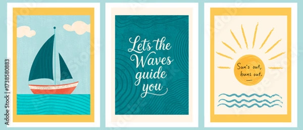 Fototapeta Set of vector summer greeting card templates with yacht, sun, waves and lettering.