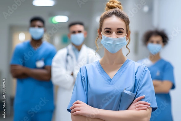 Fototapeta Healthcare heroes wearing masks in a hospital, frontline workers ready to help, essential workers, diverse team, doctor, nurse.