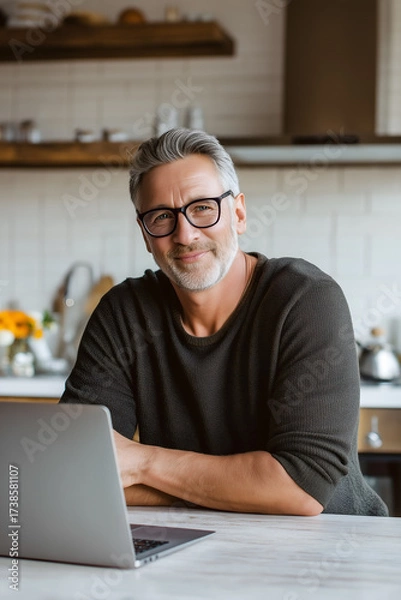 Fototapeta Silver-haired man smiles in kitchen setting while working from home on laptop, creating a sense of focus and balance.