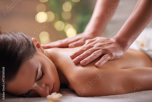 Fototapeta Relaxing back massage in a spa setting with a woman receiving treatment to rejuvenate and relieve tension for health and wellness.