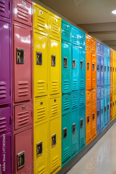 Fototapeta Colorful lockers in a school hallway create a vibrant, organized storage solution, evoking memories of education and learning.