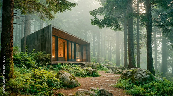 Fototapeta Forest house, golden rays of the morning sun, tall pine trees, autumn foliage, warm and calm atmosphere