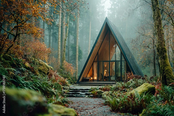 Fototapeta Forest house, golden rays of the morning sun, tall pine trees, autumn foliage, warm and calm atmosphere
