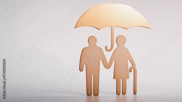 Fototapeta Two abstract figures representing an elderly couple holding hands under a golden umbrella, symbolizing love, protection, and companionship in a minimalist design with soft lighting