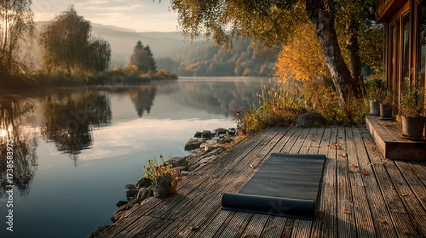 Fototapeta A tranquil retreat in nature, a yoga mat on a wooden deck overlooking a lake, autumn foliage, a peaceful and mindful mood