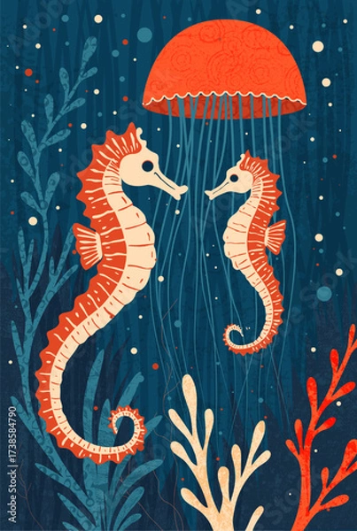 Fototapeta Sea life card with seahorse and jellyfish. Vector illustration.