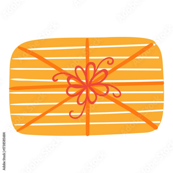 Fototapeta Christmas present, holiday gift in colorful wrapping, tied with string isolated on transparent. Hand drawn flat vector illustration. Traditional holiday, New Year, seasonal design element, clip art